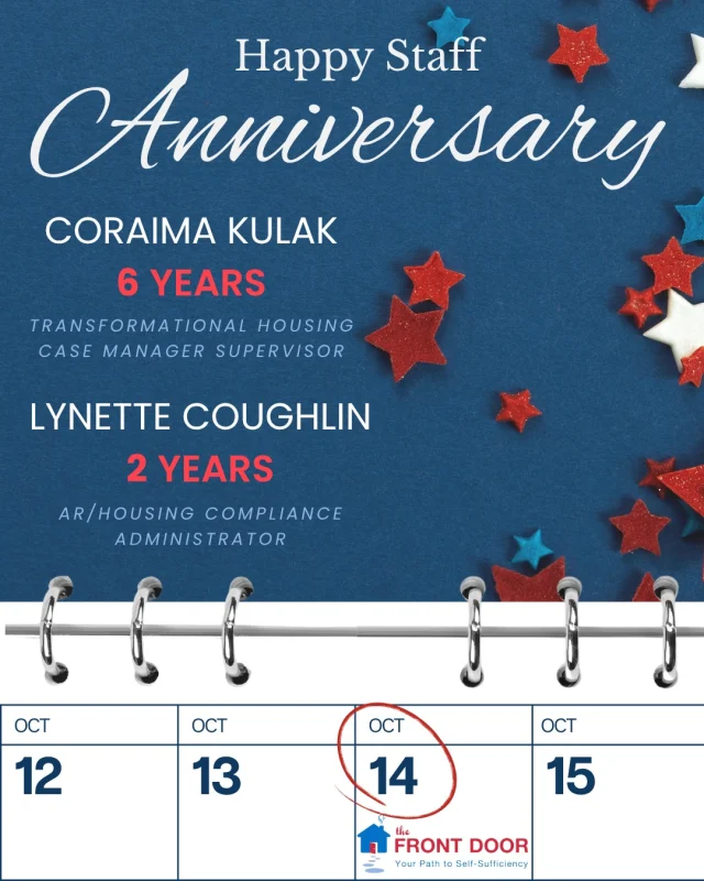Happy Work Anniversary to Coraima & Lynette! 🎉

This month we celebrate their dedication and the incredible impact they make at the Front Door Agency. Their compassion, positive energy, and commitment to the women and families we serve have made a lasting impact on our program and community. 

We are so grateful to have you as part of the Front Door family! 🩵

#FrontDoorAgency #TeamFrontDoor #WorkAnniversary